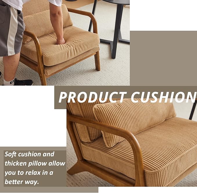 Karl home Mid-Century Modern Accent Chair Living Room Chairs with Pillow Upholstered Lounge Armchair with Solid Wood Frame &amp Soft Cushion for Bedroom Reading Room Corduroy Khaki (Low Back)