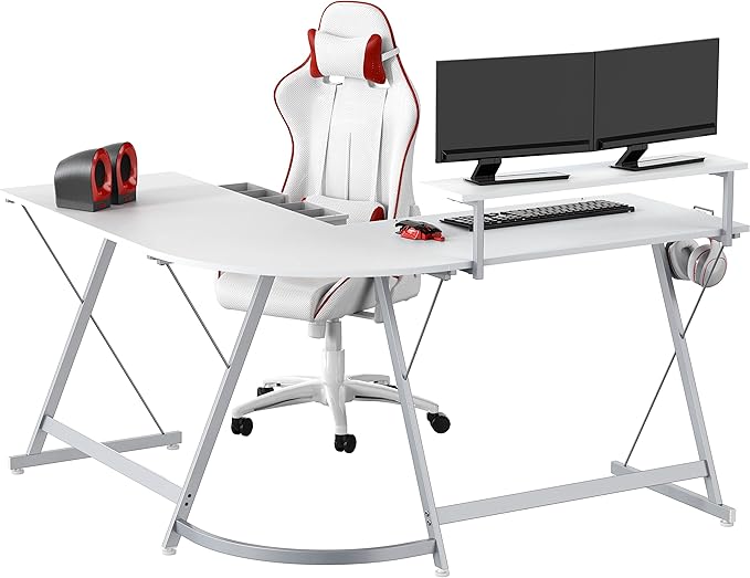SHW 51 x 51 Inches Vista L-Shaped Desk with Monitor Stand and Drawer White