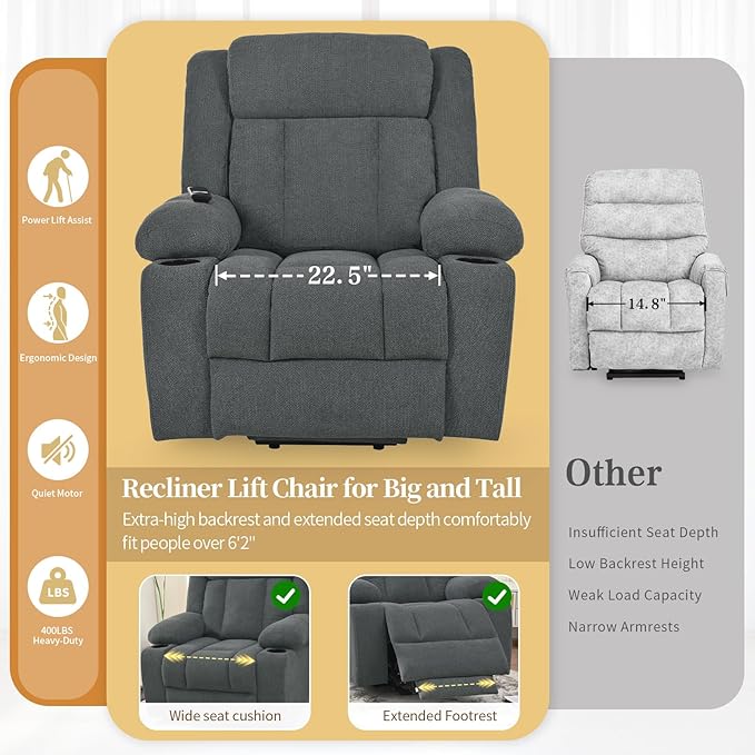 Oversize Power Lift Recliner Chair for Big and Tall with Extended Footrest Large Electric Lift Chairs 400lbs Capacity Remote Control Cup Holders &amp Side Pockets