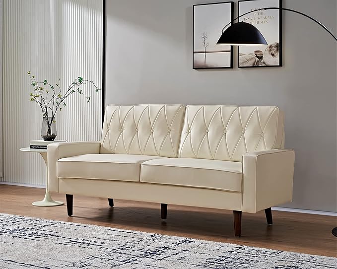 Container Furniture Modern Style Faux Leather Sofa with Elegant Round Tapered Legs and Button Tufted Backrest Perfect for Living Room Bedroom or Home Office 69.3’’ Wide White