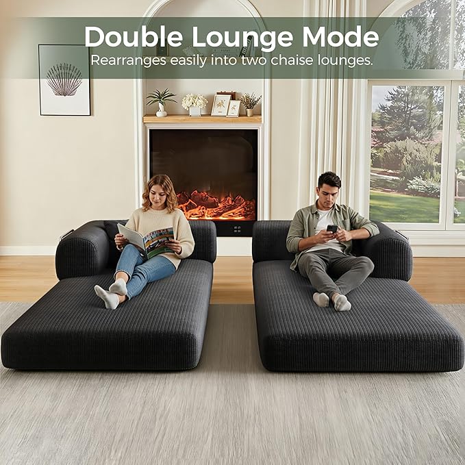 78.5'' Convertible Folding Sofa Bed – 4-in-1 Modular Floor Couch Corduroy Small Cloud Couch Compressed Foldable Sleeper Sofa King Size Futon for Bedroom Guest Room (Black-02)