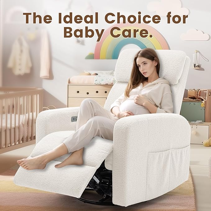 Power Swivel Recliner Chairs for Adults Electric Glider Rocking Chair Nursery Glider Recliner Nursery Chair with Classified Side Pocket Nursery Rocking Chairs with USB and Type-C Ports