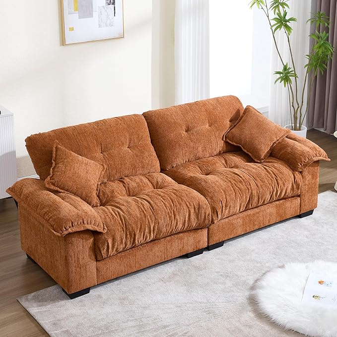 KIVENJAJA 90.5”W Oversized Cloud Loveseat Sofa Modern Chenille Tufted Deep Seat Sectional Couch Overstuffed Comfy Love seat with Pillows for Living Room Apartment Small Space Orange