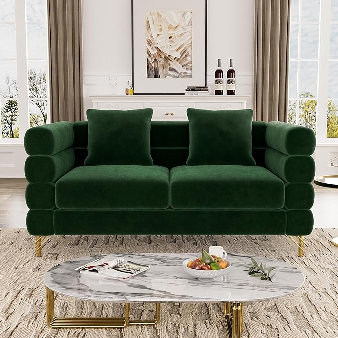 OUYESSIR Cloud Sofa Couch for Living Room 59 Comfy Deep Seat Velvet Loveseat Sofa with 2 Pillows and Gold Legs Modern Upholstered 2 Seater Love Seat for Bedroom Office Emerald Green Velvet