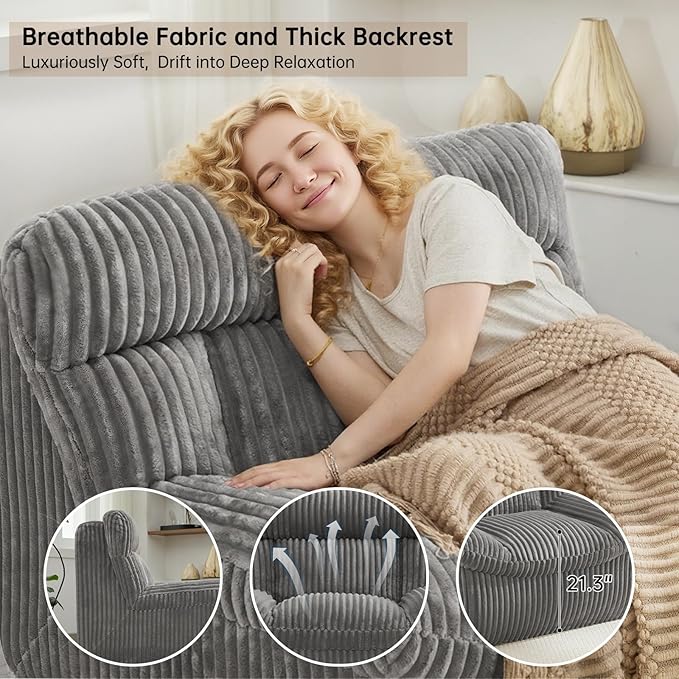 82 Boneless Corduroy Loveseat Sofa for Living Room Oversized Cloud 2-Seater Couch with Deep Seat Comfy Corduroy Couches Sofa with Memory Foam Grey Love Seat Couch No Assembly Required