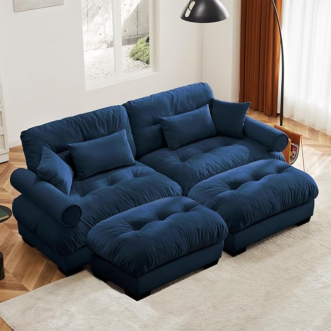 Oversized Modular Velvet Sectional Cloud Sofa Couch with Movable OttomanCorner Sofa with Comfortable Armrests Deep Seat Convertible L or U Shaped Couch (Blue 2 Seat +2 Ottoman)