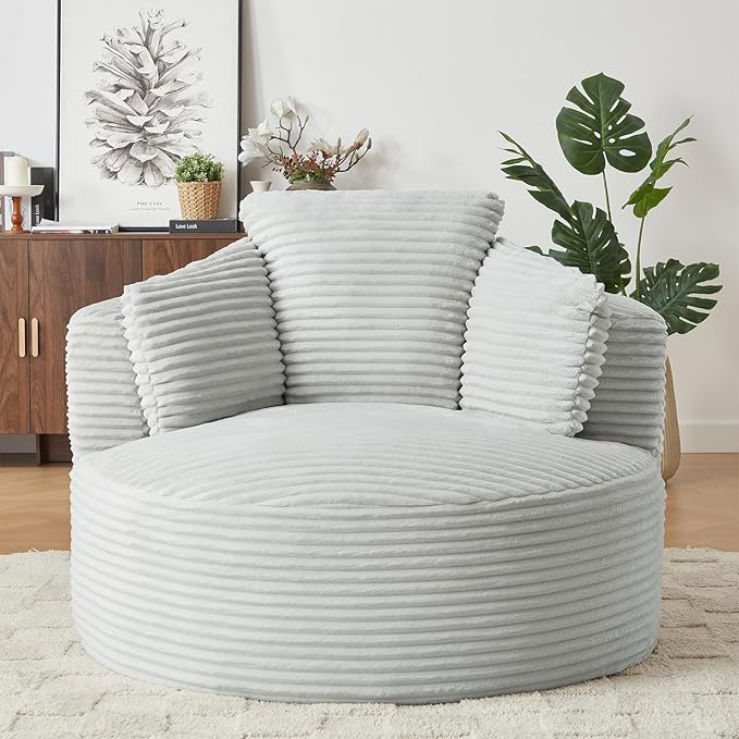 Oversized Round Chair 48W Corduroy Comfy Circle Armchair with Deep Seat &amp 3 Pillows Upholstered Floor Boneless Chair Fluffy Modern Cozy Sofa Chairs for Living Room Bedroom Apartment(Light Gr