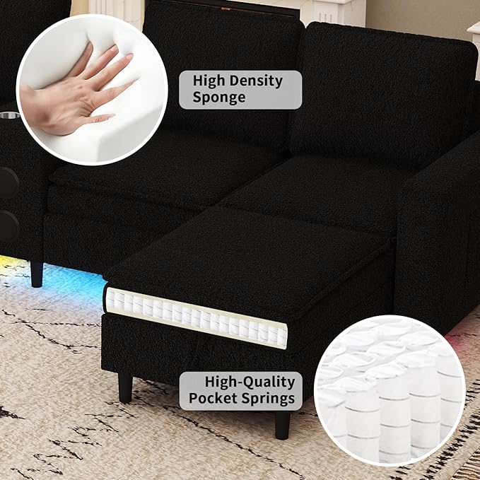 Sectional Couches for Living Room 6 Seat Sectional Sofa with Bluetooth Speaker/RGB Light/Charging Station Teddy Fleece U Shaped Couch with Storage Ottoman and Reversible Chaise Lounge - Black
