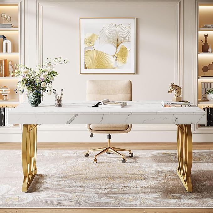 Tribesigns 63-Inch Executive Desk Modern Office Computer Desk with Stylish Gold Legs Rectangular Workstation for Home Office Small Conference Table for Meeting Room (White &amp Gold)