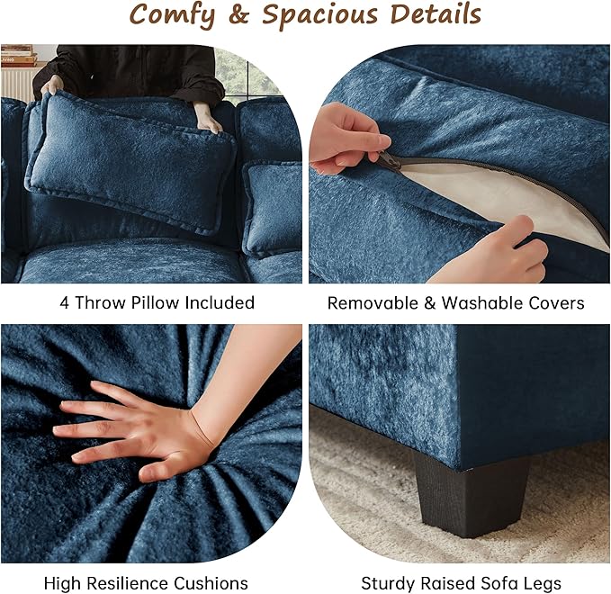 113 U Shaped Sectional Sofa Comfy Cloud Couch Chenille Sofa Sleeper Deep Seat Sofa with 4 Throw Pillows 4-Seater Double-Layer Modern Sofa for Living Room Dark Blue