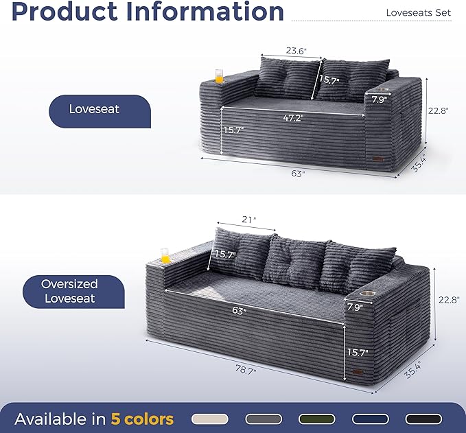 MAXYOYO Boneless Couch and Loveseat Sets for Small Spaces Mini Love Seat Floor Couch with Cup Holders and Pillows Upholstered Cloud Couch for Bedroom Apartment No Assembly Required