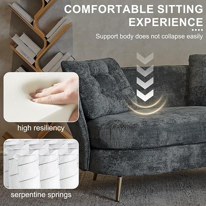 64 Inch Curved Loveseat Small Loveseat Sofa for Small Space Modern Couch &amp Office Sofa for Bedroom Livingroom 2 Pillows Gold Legs (Grey)