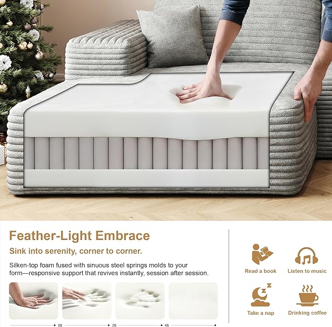 108 Sectional Couches for Living Room Modern Modular Sofa with L-Shape Couchs Upholstered Boneless Couch Deep Seat Sectional Couch with Chaise (Grey Left Facing Chaise+2Seaters+1Ottoman)