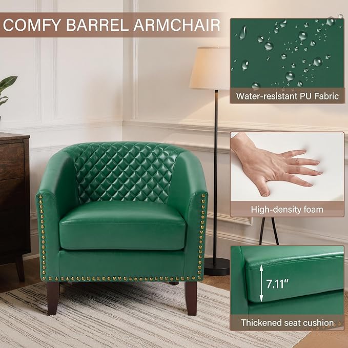 Pia Ricco Faux Leather Barrel Chairs Set of 2 Modern Comfy Accent Chairs Upholstered Armchair Club Chairs with Nailhead Trim Single Sofa Barrel Chair for Living Room Reading Room Green