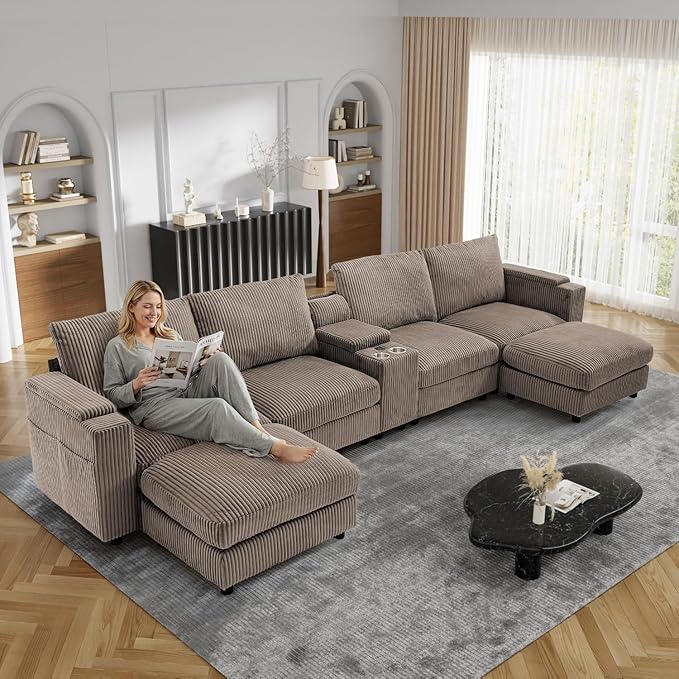153 Oversized Cloud Couch U Shaped Modular Sectional Sofa L Shaped Sectional Couches for Living Room Comfy Corduroy Cloud Sofa with Ottoman Cup Holder USB Port Armrest Storage Side Pocket Brown