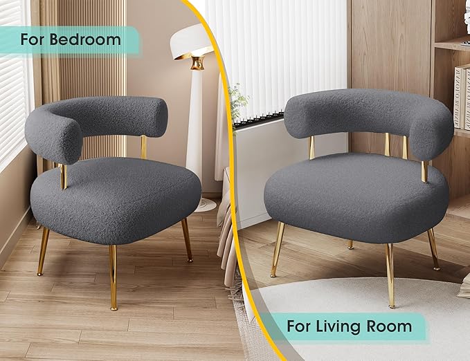 Mid Century Sherpa Boucle Accent Chair Round Upholstered Barrel Arm Chair for Small Spaces Fluffy Side Corner Sofa Chair for Living Room Bedroom Vanity Office Reading Nook(Grey)
