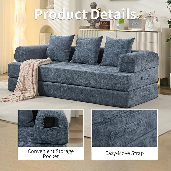 Convertible Sofa Bed 4-in-1 Floor Foldable Couch Bed with Armrests &amp Pillow Chenille Fabric No Assembly Required Comfy Memory Foam Couch Lounge Sofa for Living Room Light Blue