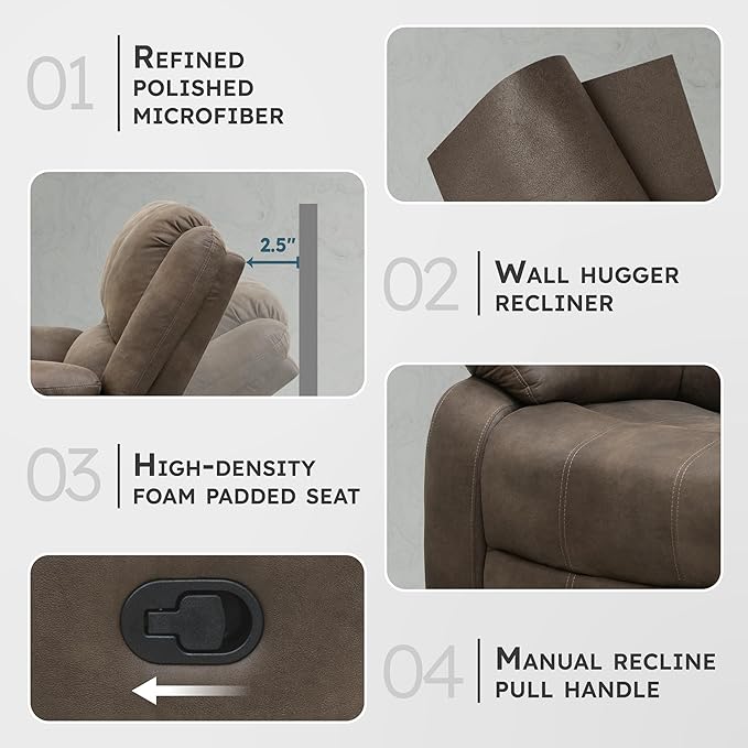 Lexicon Manual Recliner Sofa Chair Home Theater Seating Wall Hugger Manual Reclining Nursery Chair for Bedroom/Living Room/Office/Apartment Brown Polished Microfiber