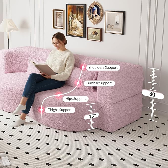 Folding Foam Sofa Bed15 Full Size Floor CouchConvertible Teddy Fabric Foam-Filled Sleeper Futon Loveseat Couch for Living Room Guest Use Office Apartmen (Pink)