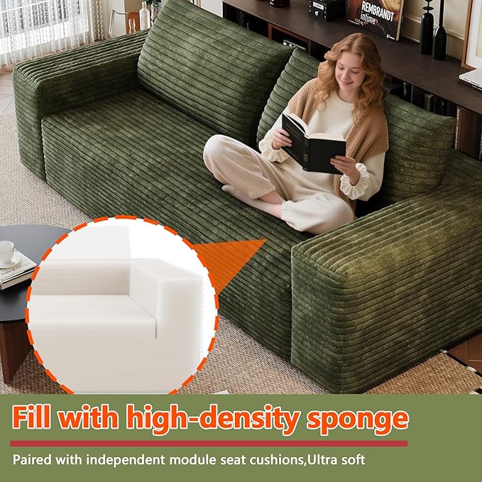 63 Cloud Loveseat Sofa - Boneless Deep Seat 2-Seater No Assembly Foam Floor Couch Plush Corduroy Fabric Modern Living Room Sofa for Small Space Apartment Bedroom Office (Green) | Boneless Sofa