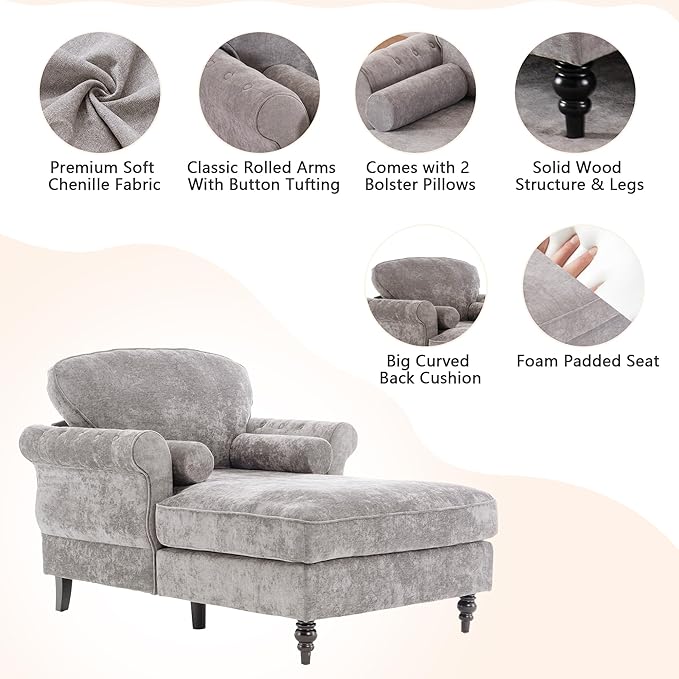 Setawix Chenille Upholstered Chaise Lounger Sleeper Sofa ChairOversized Chaise Lounge Chair Indoor with Rolled ArmsMid Century Modern Lounger Couch for Living Room Bedroom (Light Grey 43.3 W)