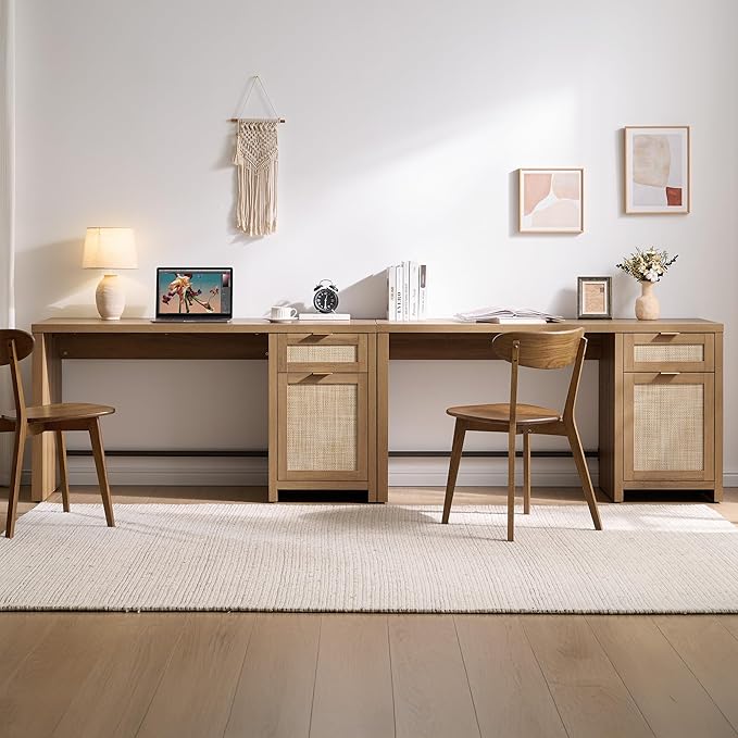 SICOTAS Rattan Home Office Desk 2 Pieces Farmhouse Boho Executive Desk with Storage Cabinets and Drawers Larger Writing Desk for Office Study Living Room Oak