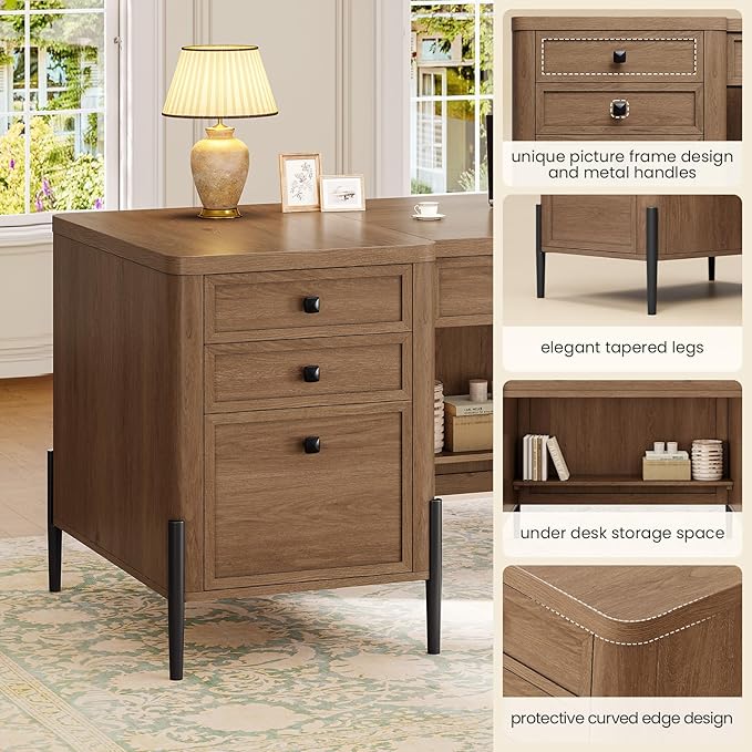 63 Executive Desk with 5 Drawers Farmhouse Home Office Desks with 2 Storage Cabinet and Keyboard Tray Large Boss Desk with Privacy Panel Modern Table with Open Shelf and File Drawer