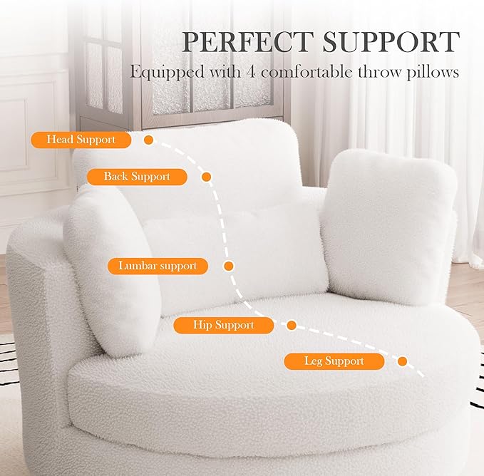 Aoiy &amp Wifon 50.2'' W Oversized Swivel Barrel Chair Ivory Swivel Accent Chair for Living Room Round Oversized Arm Chair with 4 Pillows Deep Seat &amp Extra Wide Sherpa