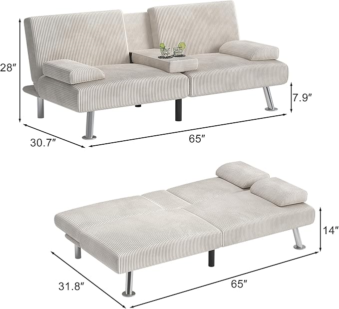 Shahoo Modern Upholstered Convertible Folding Futon Sofa Bed with Removable Armrests Metal Legs 2 Cup Holders for Living Room Beige
