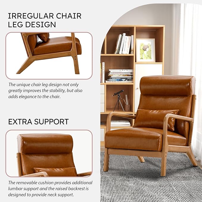 Accent Chair Mid Century Modern Chair PU Leather Fabric Living Room Chairs with Solid Wood Frame Comfy Upholstered and Lumbar Pillow Reading Side Chair Easy Assembly for Bedroom (1 Brown)
