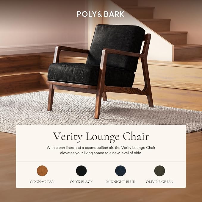 Poly &amp BARK Verity Leather Accent Chair – Armchair with Walnut Wood Frame – Fashion-Forward Lounge Seating for Living Room – Upholstered in Onyx Black Leather for Modern Style
