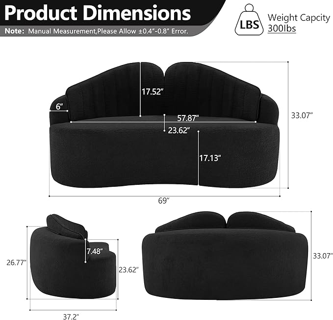 69”Curved Loveseat Sofa for Living Room Deep Seat Love Seat Couch with 2 High Back Modern Loveseat Adopt Jacquard Plush Fabric Suitable Small Spaces The Cloud Loveseat No Assembly Needed Black