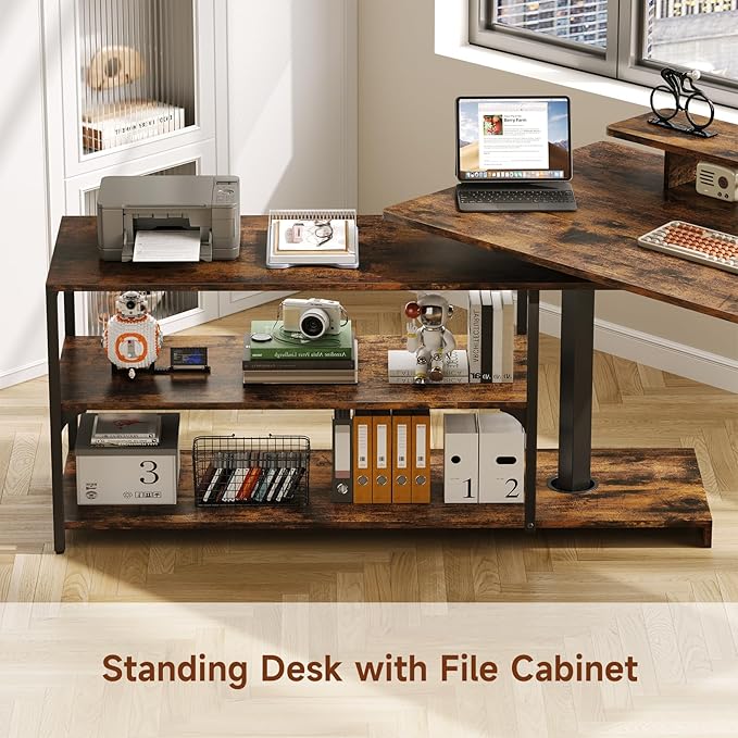 Standing Desk with File Cabinet 63x24'' L Shaped Electric Stand Up Desk with Adjustable Monitor Shelf Adjustable Height 28-46'' for Home and Computer Workstation Rustic Brown