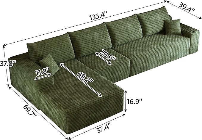 135 Oversized Compressed Sectional Sofa - 33D High-Density Foam Cloud Couch with Deep Seat - Minimalist 3-Piece Corduroy Upholstered Boneless Modular Lounge Couch | Breathable material Full Foam An