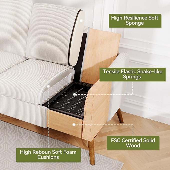 68 Loveseat Sofa Comfy White Corduroy Couches for Living Room Mid Century Modern Love Seat Sofa Tool-Free Setup Small Couches for Bedroom Office