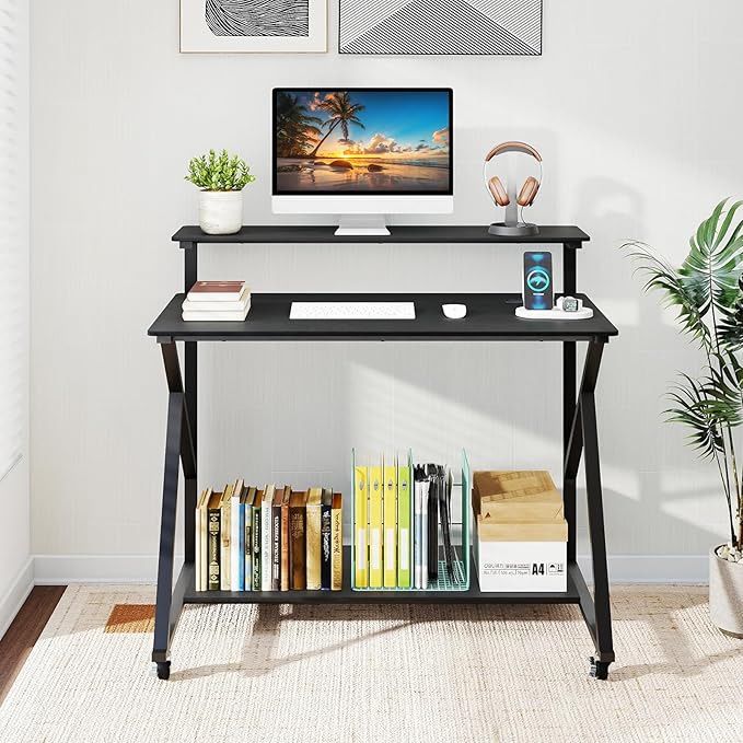 Giantex Rolling Computer Desk with Charging Station Mobile Portable Laptop Desk with Monitor Stand &amp Storage Shelf Small Desk with Lockable Wheels for Small Spaces Home Office (Black)