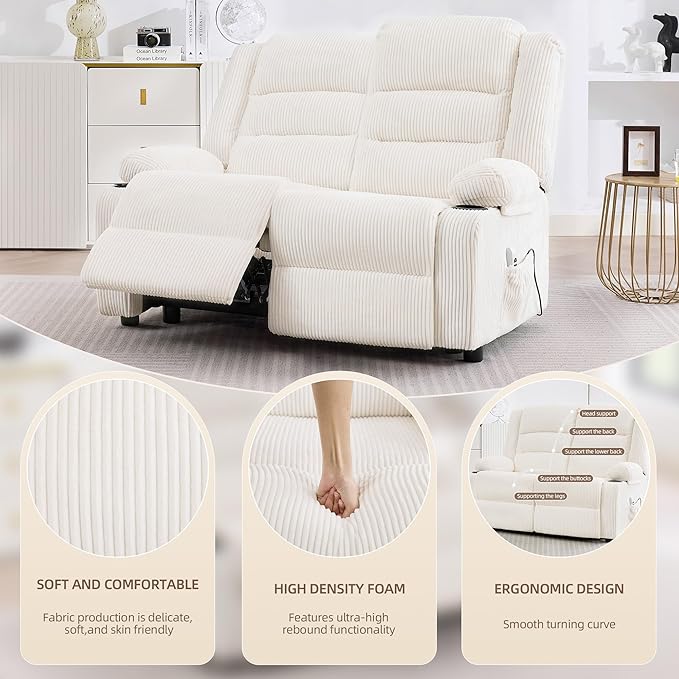 52Inch Power Loveseat ReclinerElectric Reclining Loveseat SofaAdjustable Love seat Recliner Sofa for Living RoomBedroom with Charging Ports(Striped White one seat+loveseat)