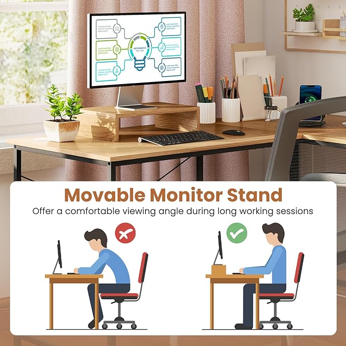 Tangkula L-Shaped Computer Desk with Power Outlets 95” Long 2-Person Desk with Monitor Shelf Modern Corner Desk Gaming Table with USB Ports for Home Office