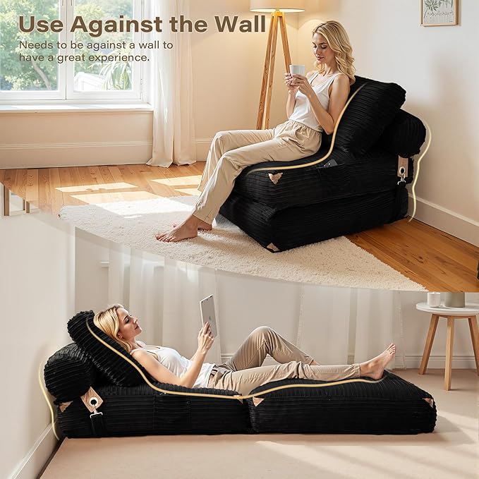 75''Foldable Sofa BedBlack Convertible Folding Sleeper Chair BedFoldable Single Sofa Foam Filling Couch with Pillow Comfy Corduroy Lazy Floor Sofa for Small Room Living Room Bedroom Apartment