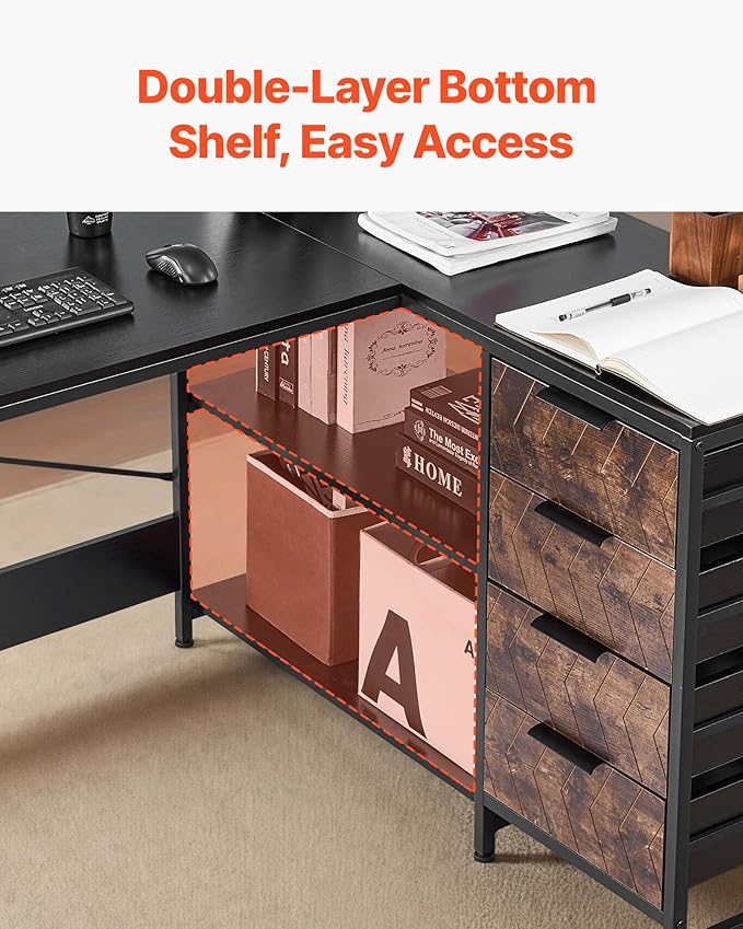 VEVOR L-Shaped Computer Desk 59-inch Reversible Corner Gaming Desk with Drawers &amp Storage Shelves Modern Stylish PC Table Sturdy Work Workstation for Home Office - Easy to Assembly