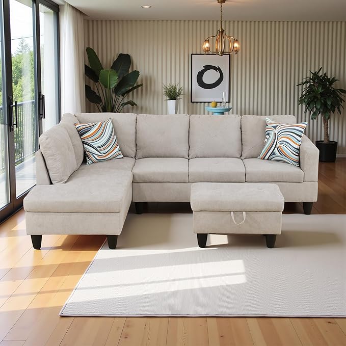 97 Oversized Sectional Couch L Shaped Couch with Storage Ottoman Modern Modular Sofa with Deep Seat Sectional Couches for Living Room and Office Off-White (Flannelette)