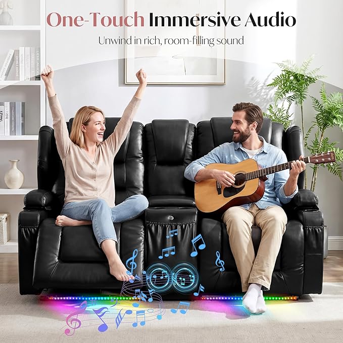 Power Loveseat Recliner Sofa with ConsoleReclining Loveseat RV Recliners with Speaker/USB Ports/LED LightsPower Recliner Loveseat Sofa with Cup Holders for Living RoomBlack