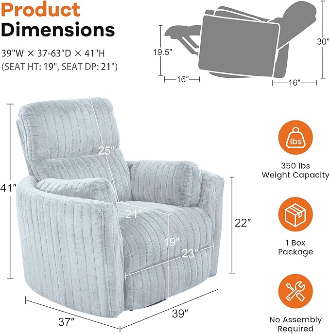 leovanni Power Swivel Rocker Recliner Chair Chenille Upholstered Nursery Glider Rocking Chair with 2 Pillows USB Ports Electric Nursing Reclining Chairs Bedroom Living Room Sky Blue