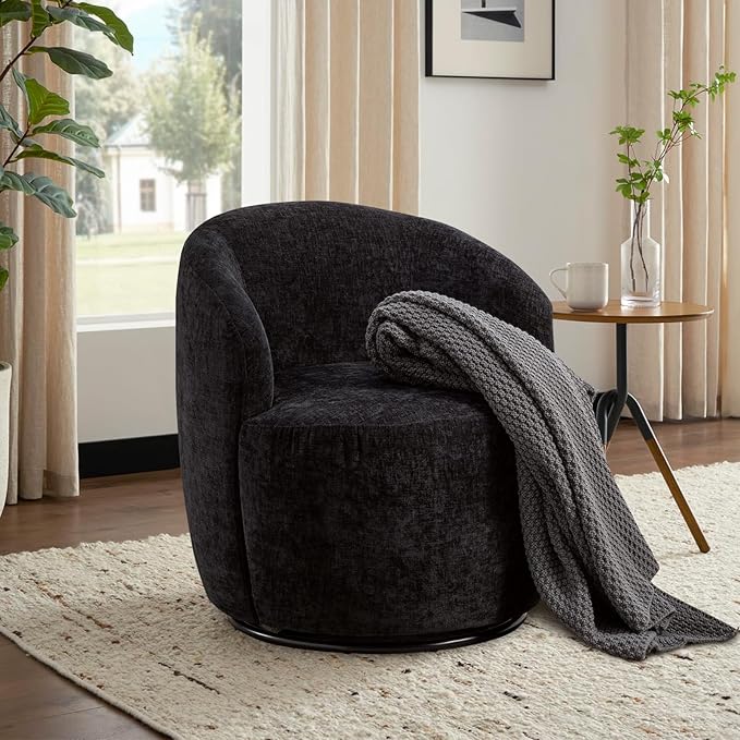 Swivel Accent Chair360 Degree Chenille Small Swivel Barrel ChairUpholstered Comfy Arm ChairModern Round Swivel Bucket ChairSingle Sofa Chair for Living RoomBedroomNursery(Black)
