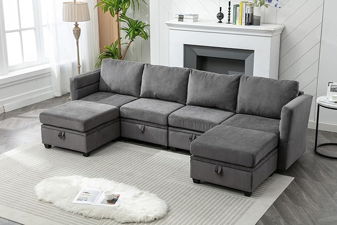 107 Modular Sectional Sofa Storage Couch and Ottoman 6 Seat Convertible U Shaped Couch with Reclining Arm and Back Modular Sectional Couches for Living Room Apartment Small Space(Dark Gray)