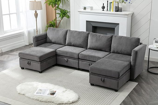 107 Modular Sectional Sofa Storage Couch and Ottoman 6 Seat Convertible U Shaped Couch with Reclining Arm and Back Modular Sectional Couches for Living Room Apartment Small Space(Dark Gray)