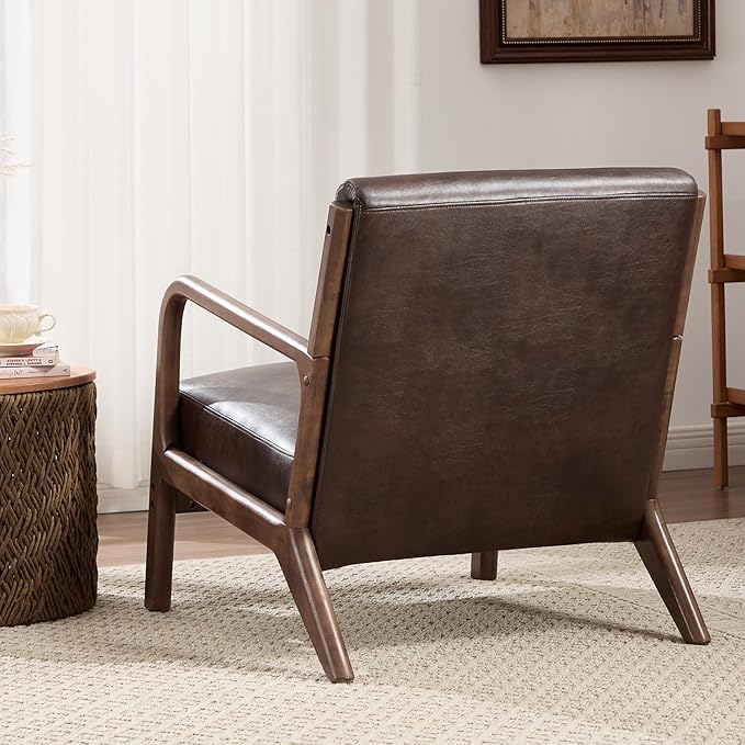 INZOY Mid Century Modern Accent Chair with Wood Frame Set of 2 Upholstered Reading Armchair with PU Leather Accent Chair for Living Room Bedroom Apartment Easy Assembly Chocolate Brown