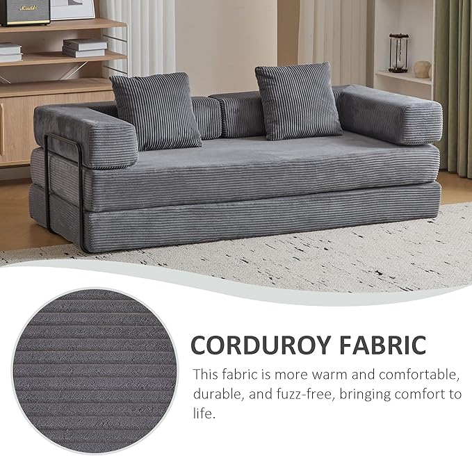 Convertible Sleeper Sofa Bed Compression Folding Sofa with Pillow No Assembly Required Shape Frame Floor Sofas Lounge Couch for Living Room Bedroom Small Spaces(Corduroy 77''W Dark Grey)
