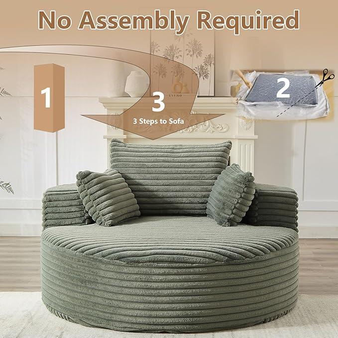 Oversized Round Chaise Lounge Chair Indoor 55'' Corduroy Deep Seat Circle Single Floor Sofa Chairs Modern Upholstered Sponge Armchair Cloud Sleeper Chair for Living Room Bedroom Apartment Green