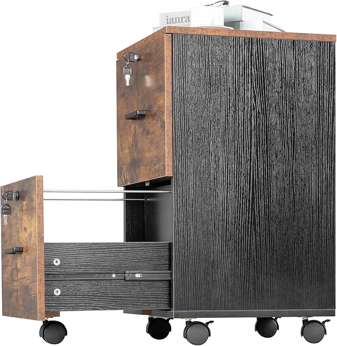 Brown Rolling Drawer Cabinet Office Drawers 2 Drawer Unit Chest of Drawers Wood Storage Cabinet with Drawers Rolling Printer Stand with Drawers Filing Cabinets for Home Office 40 x 40 x 66CM